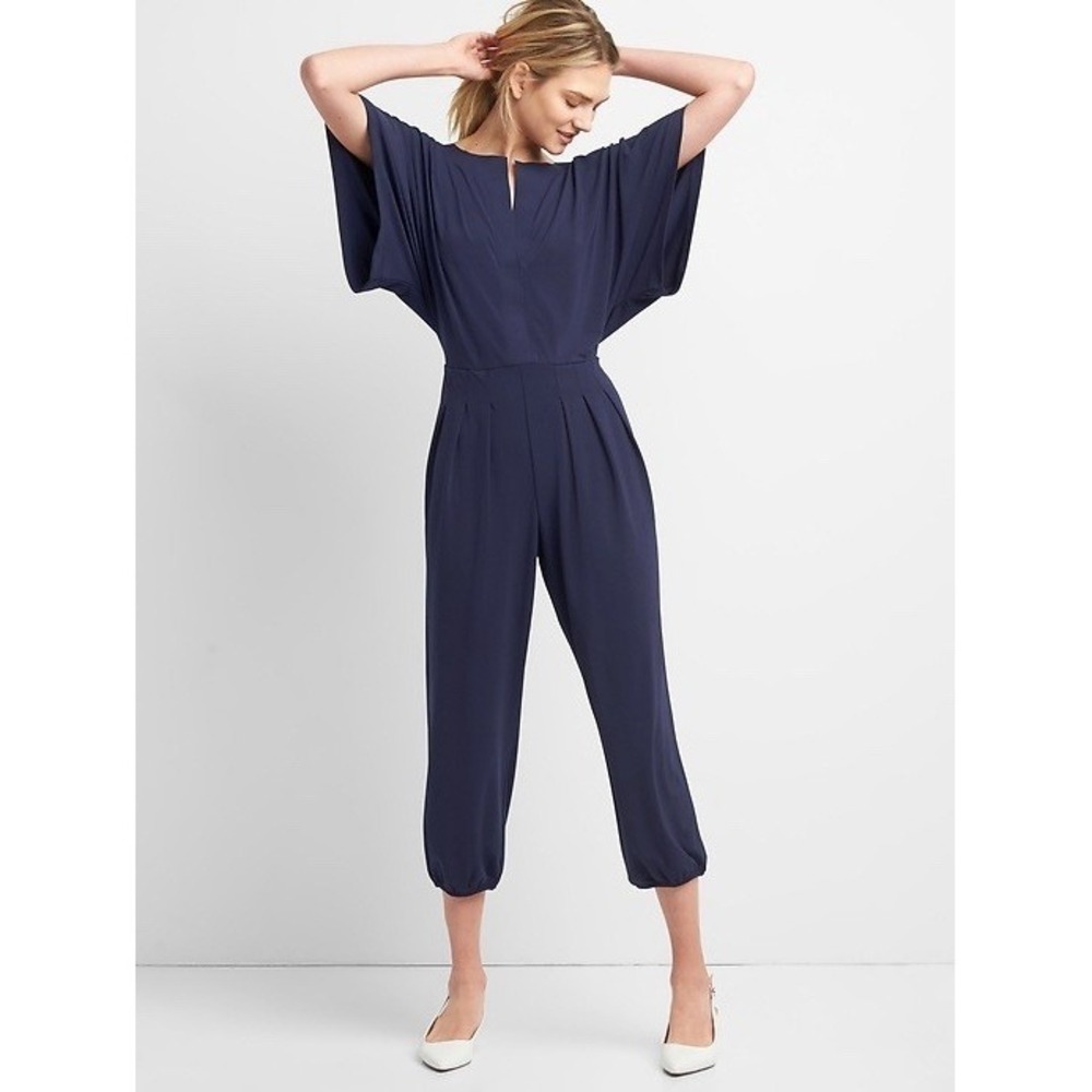 GAP Blue Kimono Sleeve Jumpsuit M Pleated Elastic Waist Minimalist Workwear NWT